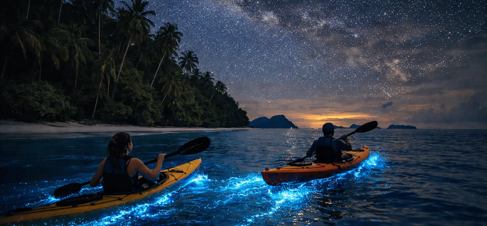 Bioluminescence kayaking in Havelock - paddling through glowing waters under starry sky