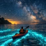 Bioluminescent blue glowing plankton lighting up the water during night kayaking in Havelock Island
