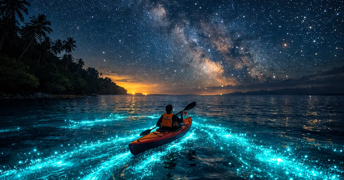 Bioluminescent blue glowing plankton lighting up the water during night kayaking in Havelock Island