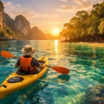 Kayaking through crystal clear turquoise waters near tropical islands in the Andaman Sea