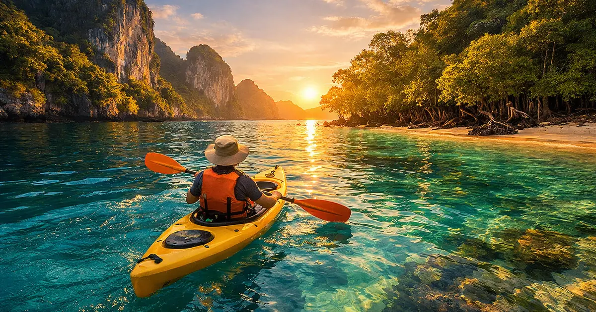 Kayaking through crystal clear turquoise waters near tropical islands in the Andaman Sea