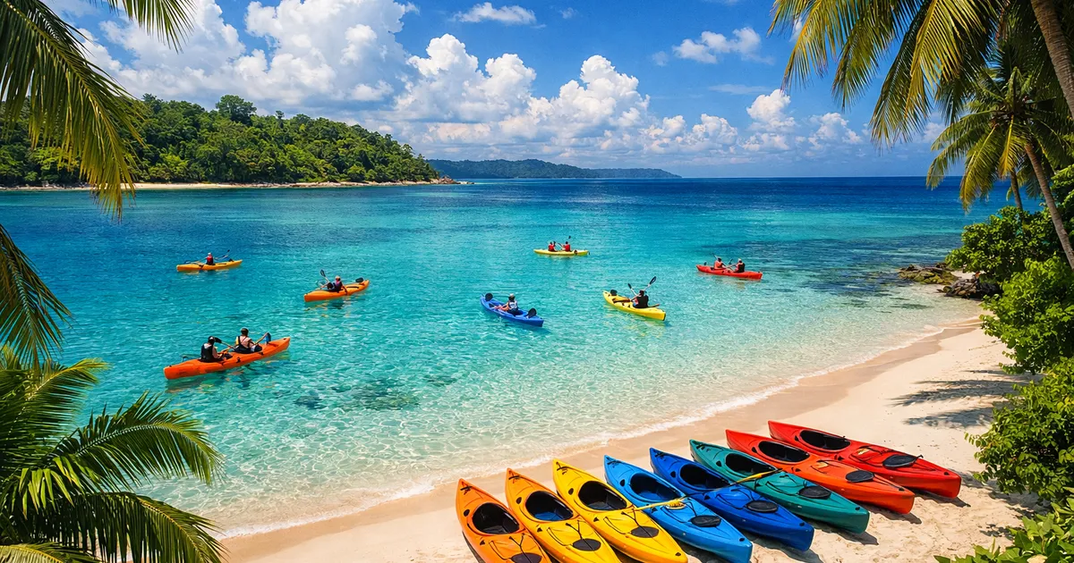Colorful kayaks on pristine white sand beach with turquoise water in Havelock Island Andaman
